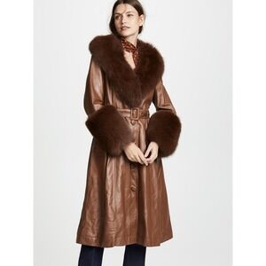 Saks Potts Foxy Walnut Brown Leather Trench Coat Fox Fur‎ Trim Size 2